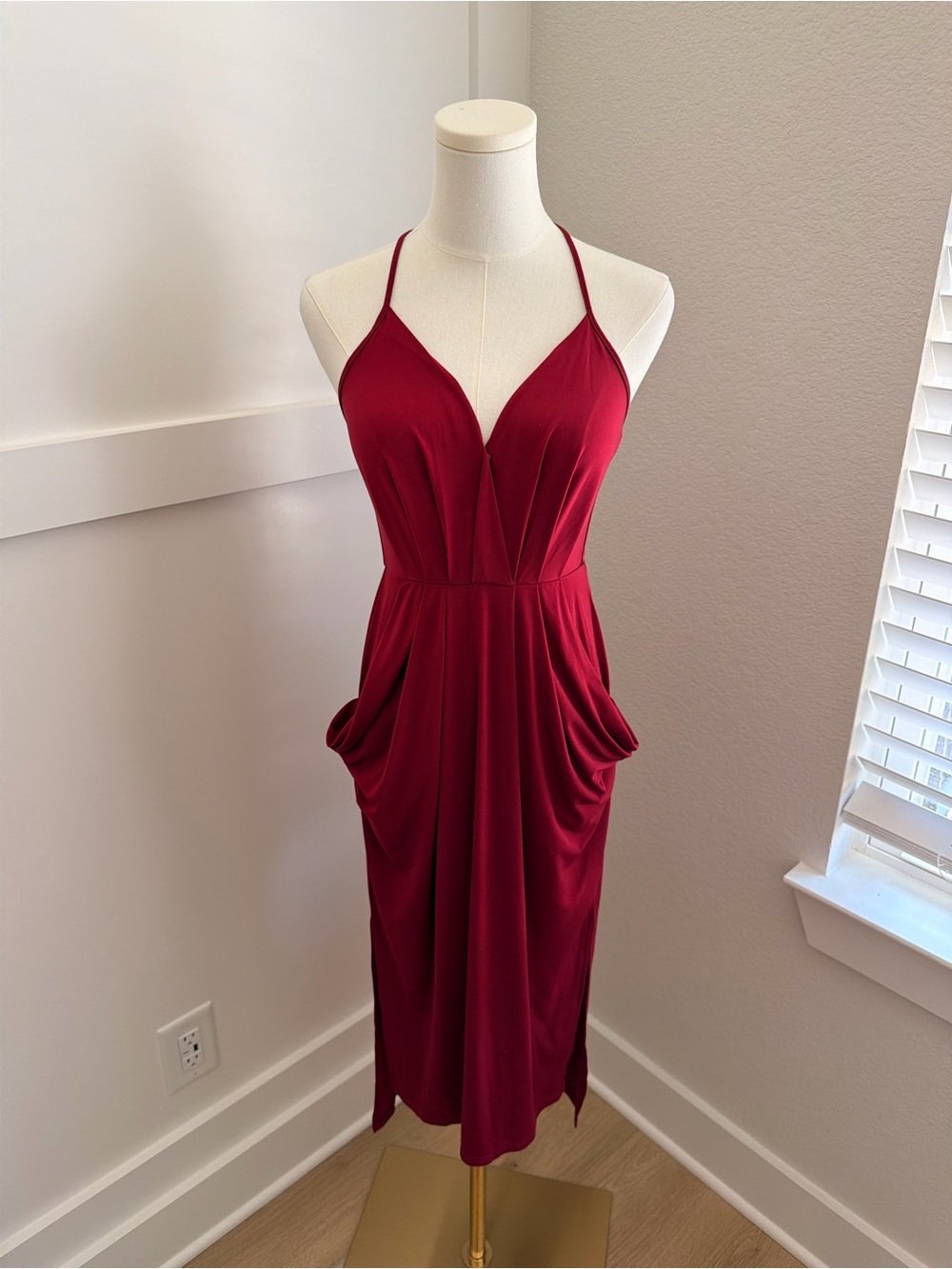 BCBGeneration Deep Red Pleated Draped Midi Dress – Size XS